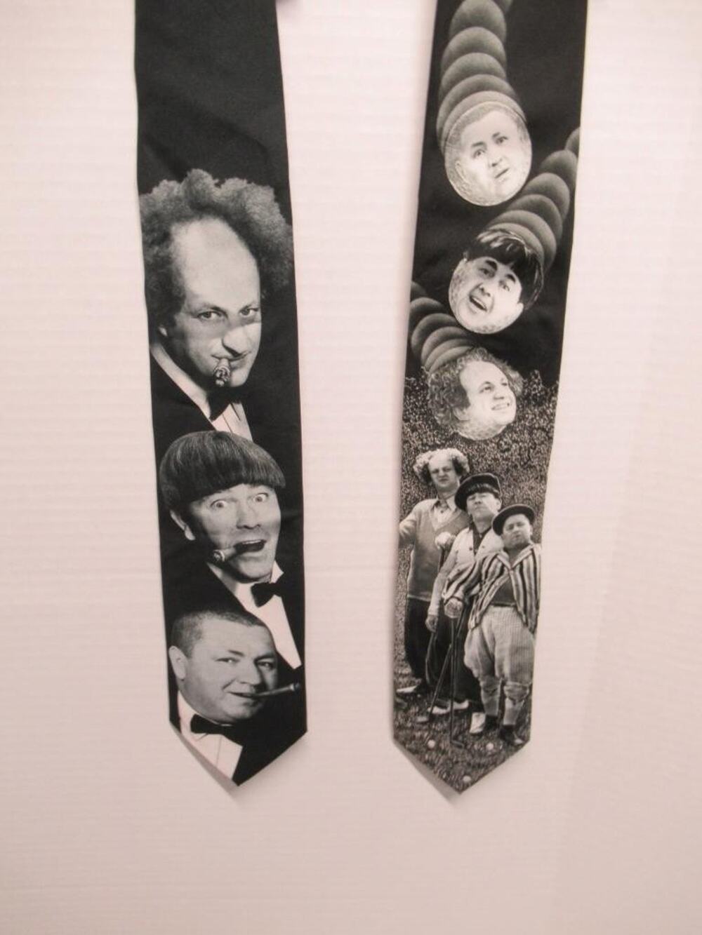 2 three Stooges Neckties Larry Moe Curly by Ralph Marlin Made in USA CL596